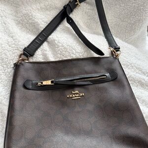 Coach Dark Brown Signature Shoulder Bag with Black Strap and Gold Hardware